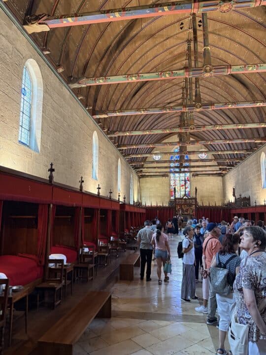 The Grande Salle des Pôvres — 50 metres of hall, two rows of red-curtained beds, in service 1452–1971.